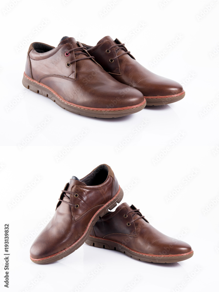 Male brown leather shoe on white background, isolated product, comfortable footwear. Male brown leather shoe on white background, isolated product, comfortable footwear.