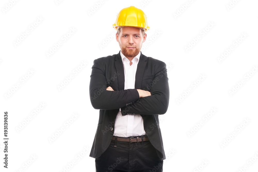 Portrait of architect wearing suit and yellow hardhat on white background Portrait of architect wearing suit and yellow hardhat on white background