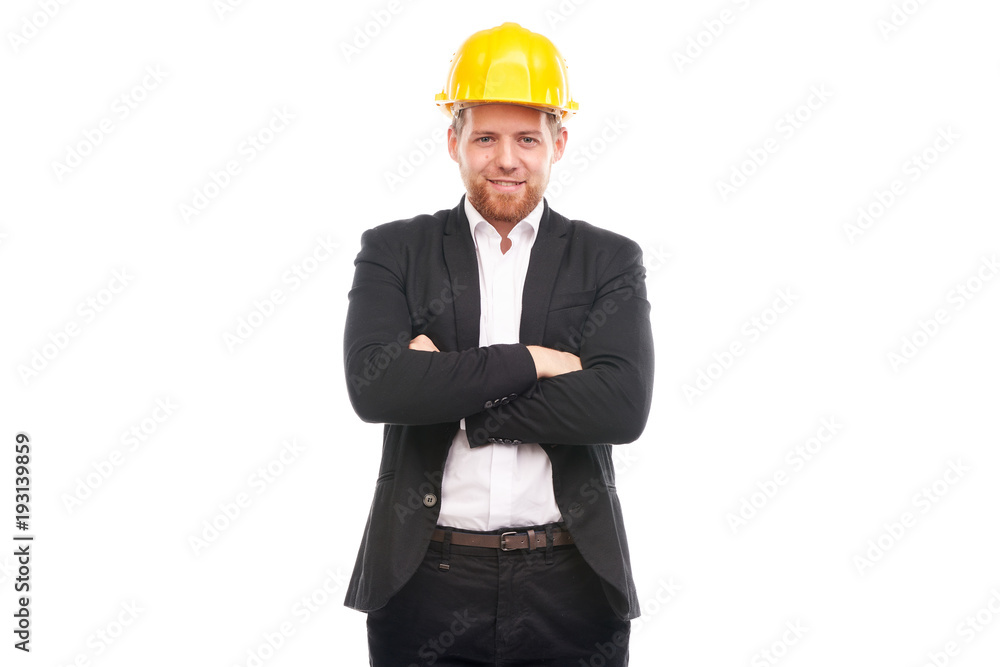 Portrait of architect wearing suit and yellow hardhat on white background Portrait of architect wearing suit and yellow hardhat on white background