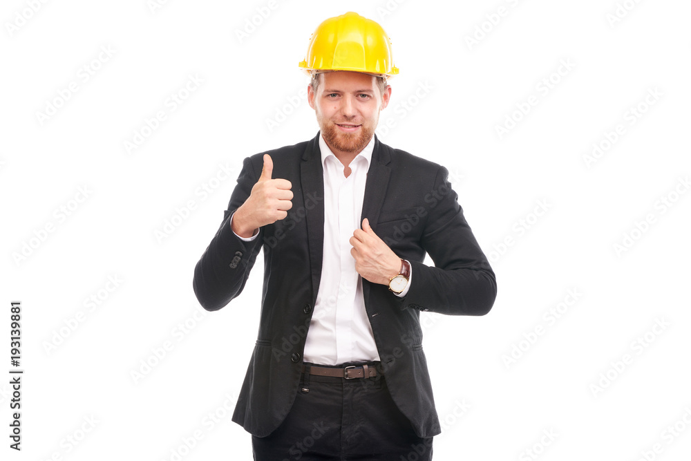Portrait of architect wearing suit and yellow hardhat on white background Portrait of architect wearing suit and yellow hardhat on white background