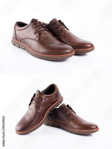 Male brown leather shoe on white background, isolated product, comfortable footwear.