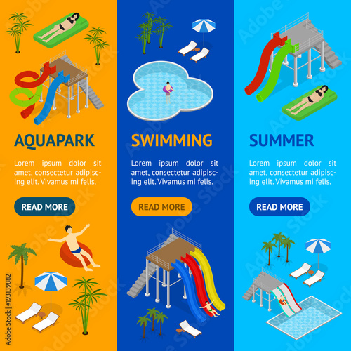 Aqua Park Banner Vecrtical Set Isometric View. Vector