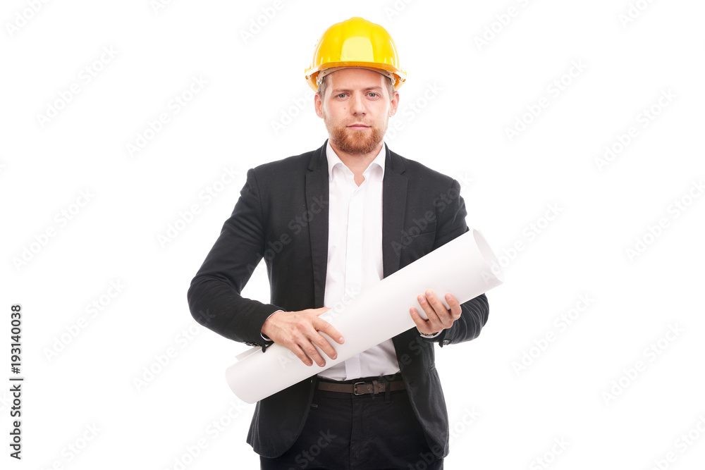 Portrait of architect wearing suit and yellow hardhat holding project plan on white background Portrait of architect wearing suit and yellow hardhat holding project plan on white background