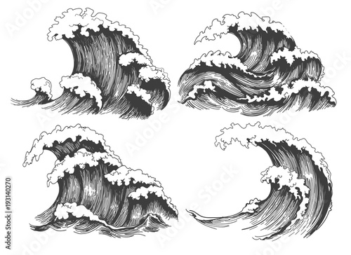 Sea waves sketch. Ocean wave set hand drawn doodle illustration, vector black and white icons