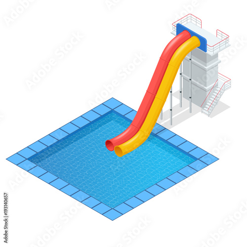 Isometric colourful water slide and tubes with pool, aquapark equipment, set for design. Swimming pool and water slides Vector illustration isolated on white background