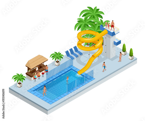 Isometric Aqua Park with water slides, water pool, people or visitors and palms. Vector illustration isolated on white background