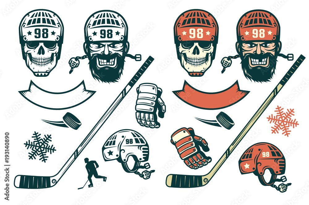Fototapeta premium Set of hockey elements in retro style - bearded player, skull in a helmet, stick, puck, silhouette, glove, snowflake. Monochrome and color version.