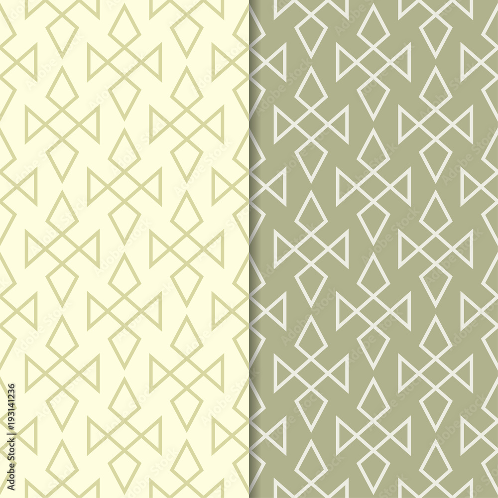 Olive green geometric ornaments. Set of seamless patterns Olive green geometric ornaments. Set of seamless patterns