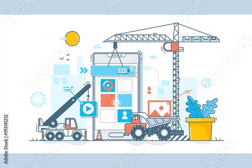 app development process. Construction of web design.Vector illustration in flat linear style