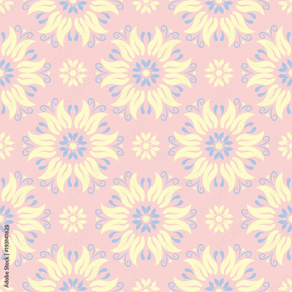 Floral seamless pattern. Pale pink background with light blue and yellow flower elements Floral seamless pattern. Pale pink background with light blue and yellow flower elements