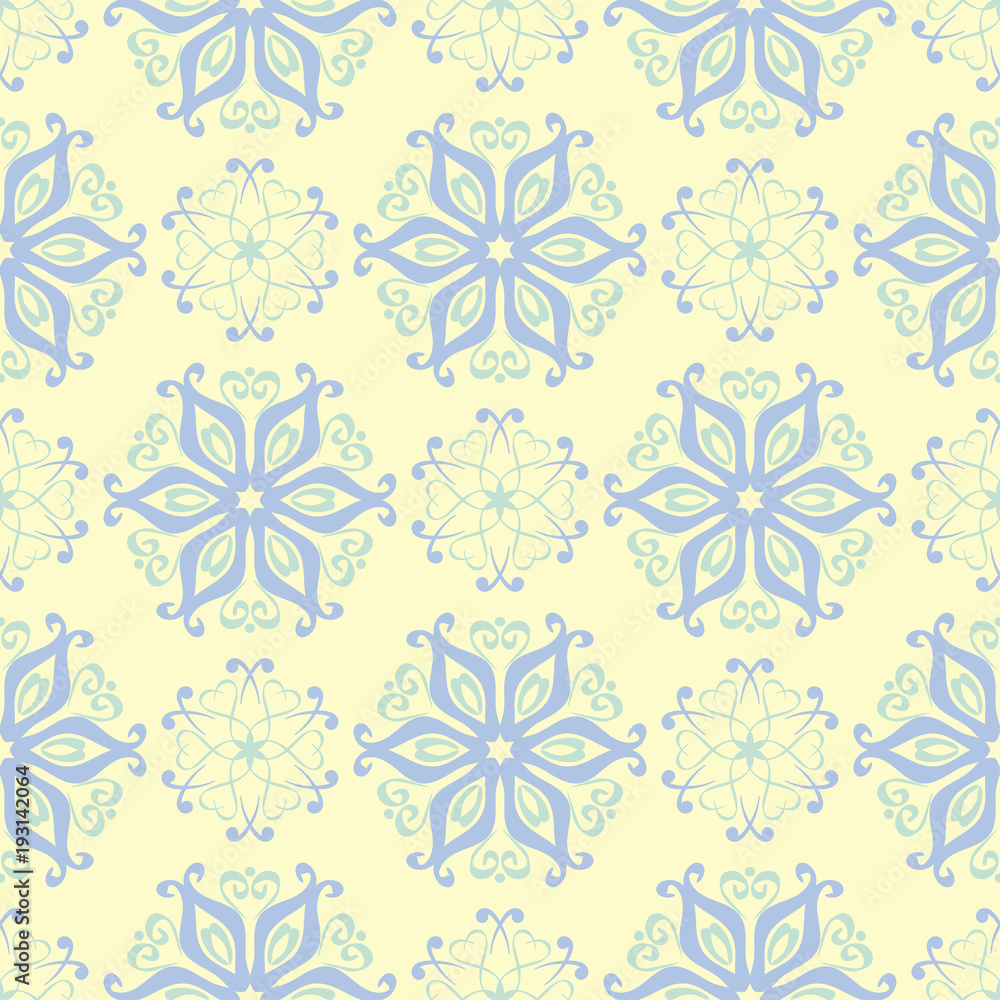 Beige colored floral seamless pattern. Background with light blue and green flower elements