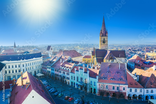 Aerial view of historic Lutheran Cathedral and architecture of Sibiu, in Transylvania, Romania