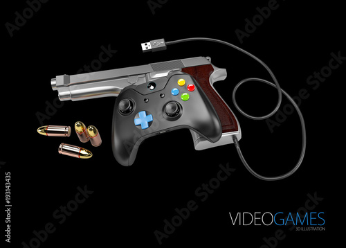 3d Illustration of video game controller with gun and bullets photo