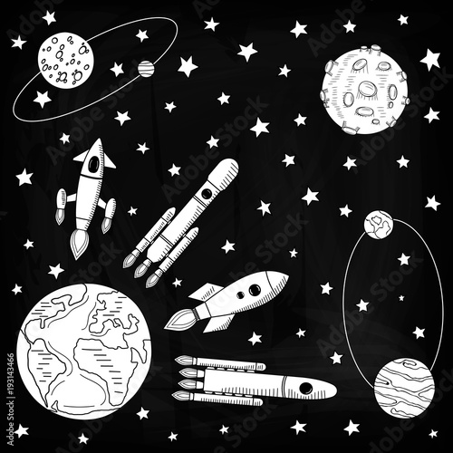 Space ships fly away from the Earth to other planets. Planets and satellites, rockets flying into space. Vector illustration. Template on the theme of space