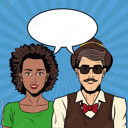 Woman with hipster, couple pop art cartoon colorful vector illustration graphic design