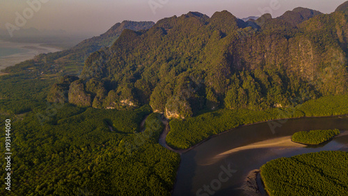 Schilderij op canvas Aerial view of Ao Thalane near Krabi, Ao Tha Lane famous place for kayak on the river with mountain and mangrove forest, Krabi, Thailand