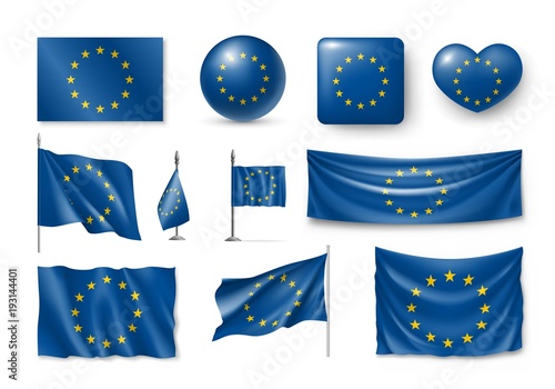 Set European Union flags, banners, banners, symbols, realistic icon. Vector illustration of collection of national symbols on various objects and state signs