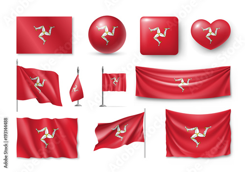Set Isle of Mann flags, banners, banners, symbols, flat icon. Vector illustration of collection of national symbols on various objects and state signs