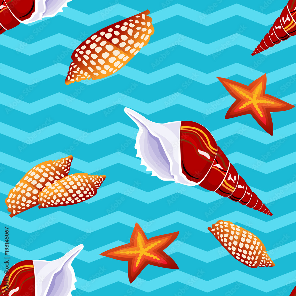 Summer vacation seamless patterns with seashells at abstract azure waves. Summer vacation seamless patterns with seashells at abstract azure waves.