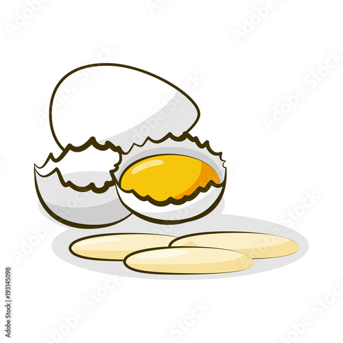 Eggs. Yolk in broken eggshell and protein hand drawing illustration. A natural product is a sketch.