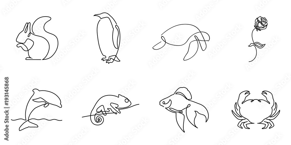 Collection of one line logos or icons. Includes squirrel pinguin turtle rose dolphin chameleon fish and crab minimalistic illustartions