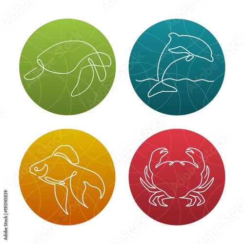 Set of 4 one line sea animals icons or logos. Turtle, gold fish, dolphin, crab. White lines on bright backgrounds