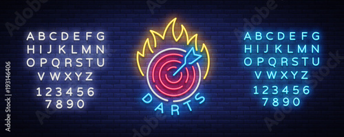 Darts Logo in Neon Style. Neon Sign, Bright Night Advertising, Light Banner. Vecton illustration. Editing text neon sign