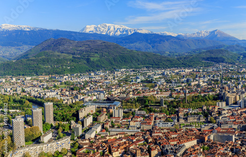 Grenoble, top view of the city and the Alps, France, spring