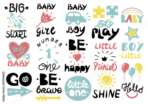 15 children s logo with handwriting Little one, Hello baby, Shine, Girl, Boy, Be brave, happy, GO, Big start, Lets play