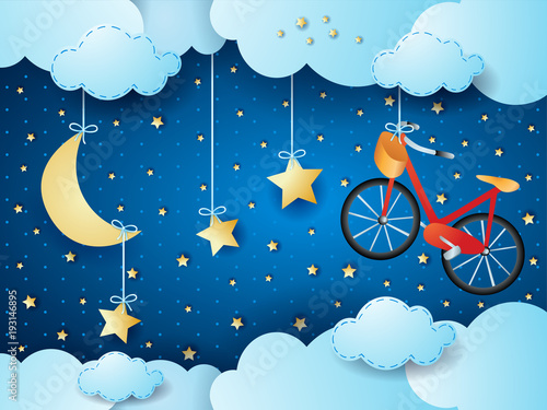 Surreal night with hanging stars and bike