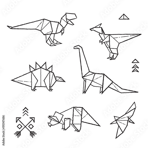 Ink origami tattoos dinosaurs set. Vector illustration