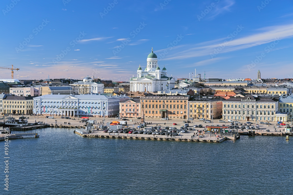 Helsinki cityscape with Helsinki Cathedral, South Harbor and Market Square (Kauppatori), Finland