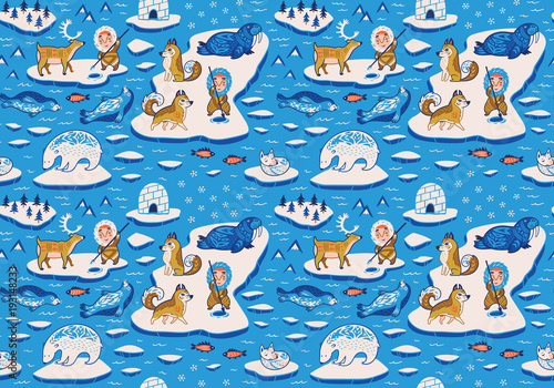 Seamless pattern with ornamental polar animals, cartoon eskimos, yurts and huskies. Vector illustration