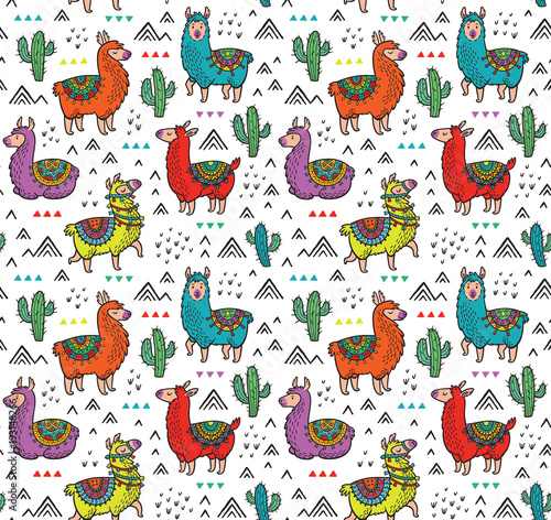 Vector seamless pattern with cute colorful alpacas, cactuses and triangles