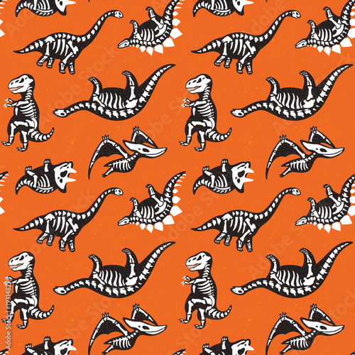 Seamless pattern with cute scary silhouettes of dinosaurs with a skeleton. Halloween Holidays orange background