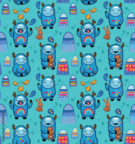 Cute monsters seamless pattern on a blue background. Vector cartoon characters with blue yetis fun and play