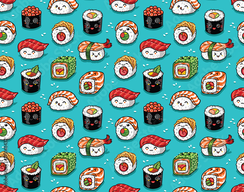 Seamless pattern of japanese sea food in kawaii style. Vector illustration
