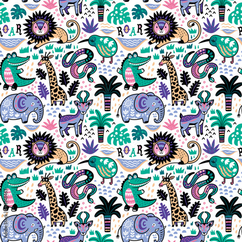 Funny tropical animals seamless pattern in decorative cartoon style. Vector illustration
