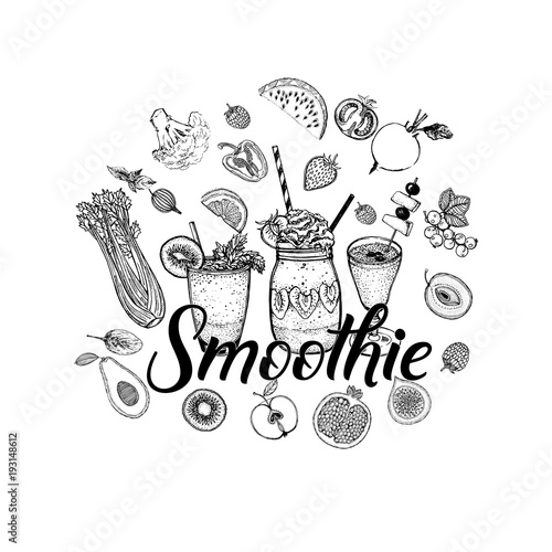 Set of hand drawn sketch style smoothie with fruits and vegetables. Isolated vector illustration.