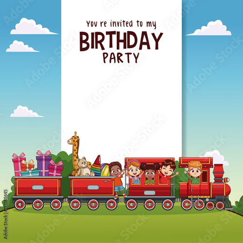 Happy birthday card with kids on train vector illustration graphic design