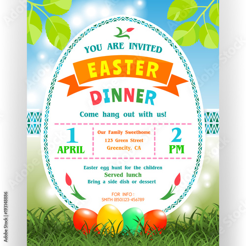 Easter dinner announcing poster template. Text customized for invitation with details about the date, time, location.