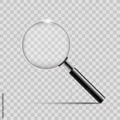 Realistic silver magnifier on transparent background.Vector.