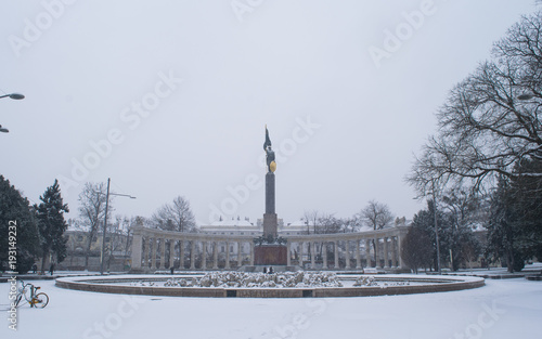 Canvas Print The snow-covered Schwarzenbergplatz square in Vienna, Austria
