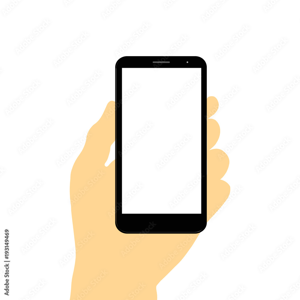 Hand holding smart phone on white background. Vector.