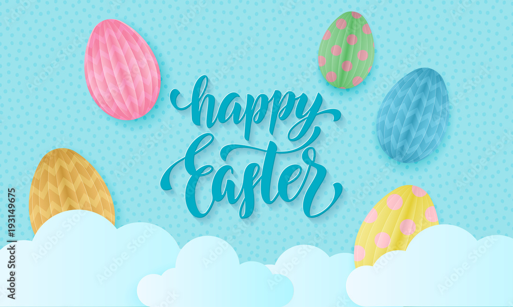 Happy Easter text lettering with cute color paper cut Easter egg and clouds on blue sky background. Vector Easter greeting card text with cartoon papercut illustration for poster, banner or flyer