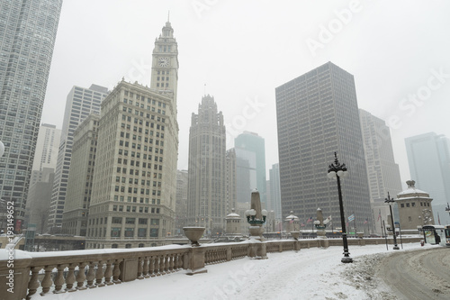 Chicago downtown buildings in winter snow