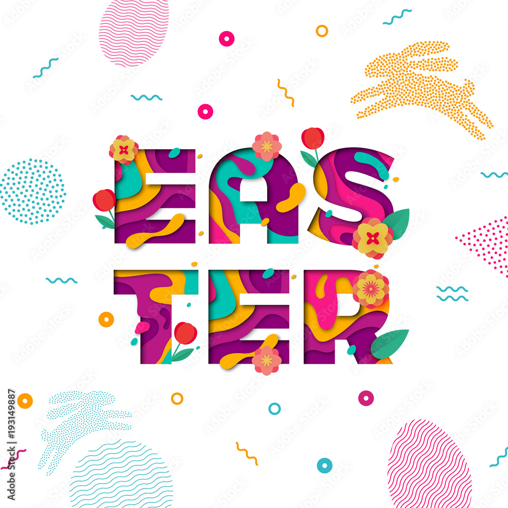 Obraz premium Vector Easter banner of paper cut text lettering with spring cherry and tulip flowers. Papercut Easter poster with modern colored egg and bunny pattern on white background for banner template
