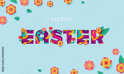 Happy Easter vector banner of paper cut text lettering with spring cherry and tulip flowers. Papercut Easter poster with modern colored egg and bunny pattern on blue background for banner template