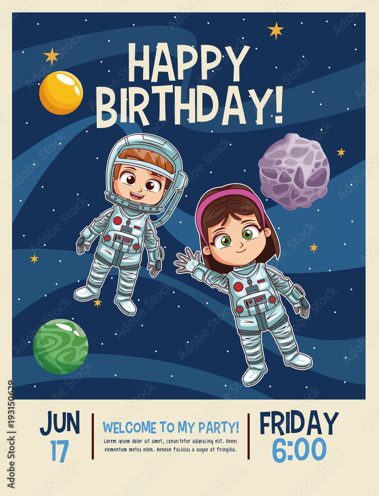Happy birthday invitation card, astronauts kids cartoons vector  illustration graphic design childhood space party Stock Vector | Adobe Stock