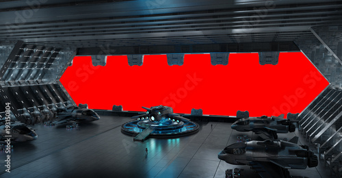 Fototapeta Naklejka Na Ścianę i Meble -  Llanding strip spaceship interior isolated on red background 3D rendering